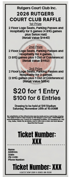 2026 Rutgers Court Club raffle ticket with prize and entry information